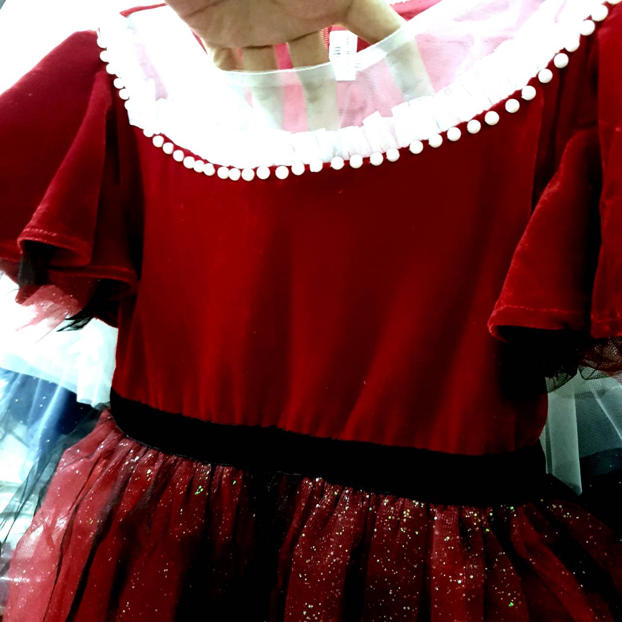 Gd35481 พร้อมส่งจากไทย ชุดราตรีเด็กสีแดงกำมะหยี่ ทรงสั้น มีแขน หรือ ใช้เป็น ชุด คริสมาส เด็ก ผู้หญิง ได้ ชุดคริสมาสต์