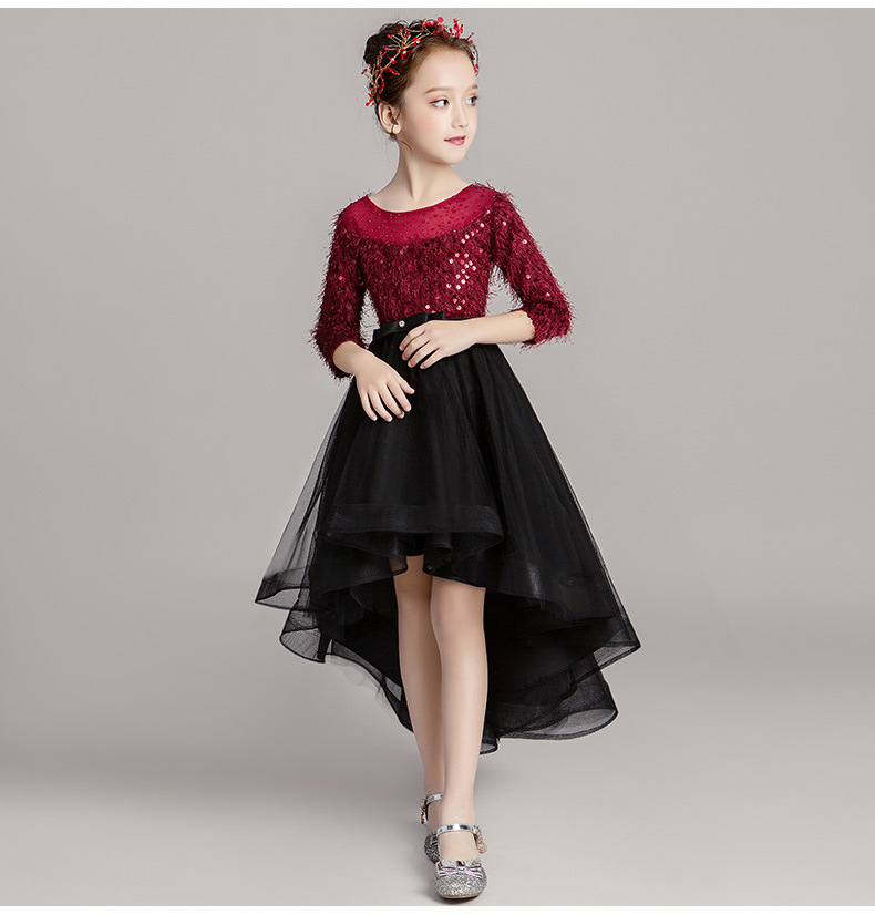 Gd3549- พร้อมส่งจากไทย ชุดออกงานเด็กหญิงสีแดง กระโปรงสีดำ ชุดราตรีเด็ก ทรงหน้าสั้นหลังยาวแบบเดรสหางปลา