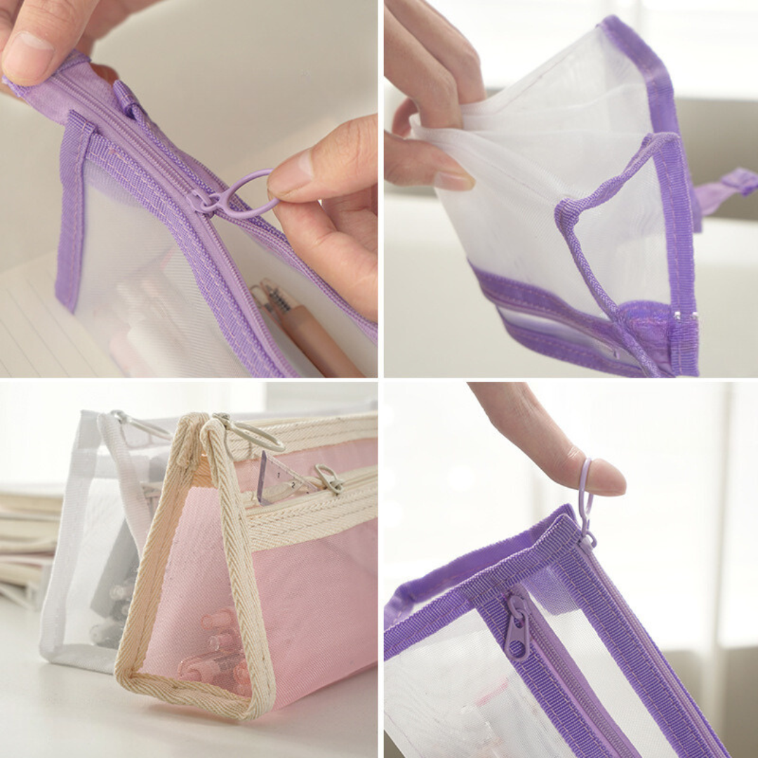 กระเป๋าดินสอผ้าตาข่าย รุ่นทรงสามเหลี่ยม มี2ช่อง สไตล์มินิมอล พร้อมส่งในไทย