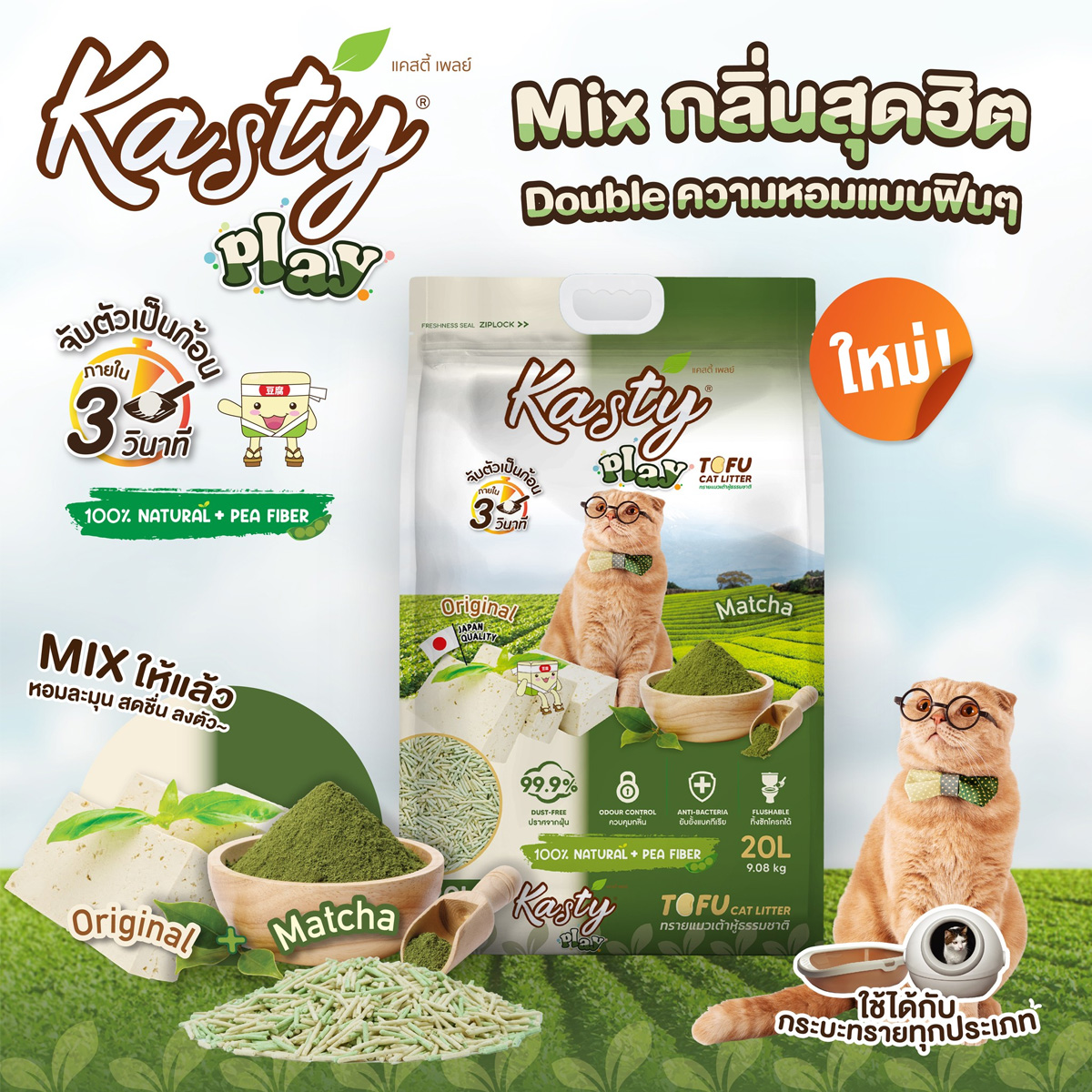 Kasty Play Tofu Litter แคสตี้ เพลย์ ทรายแมวเต้าหู้ธรรมชาติ ขนาด 20 L