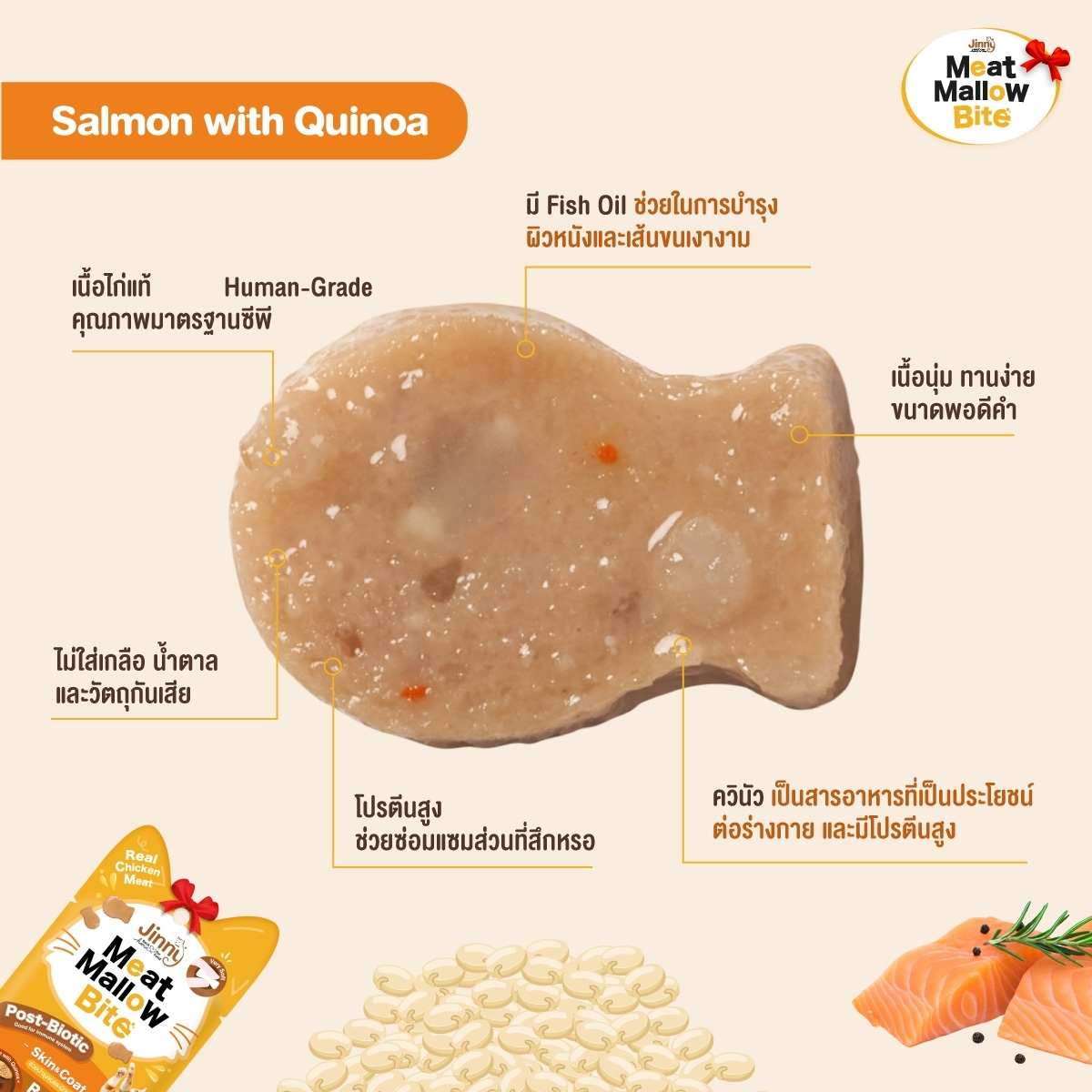 (4ซองราคาพิเศษ) Jinny Meat Mallow Bite จินนี่ มีทแมลโลว์ ไบท์ ขนมสำหรับแมวโต ขนาด 15g