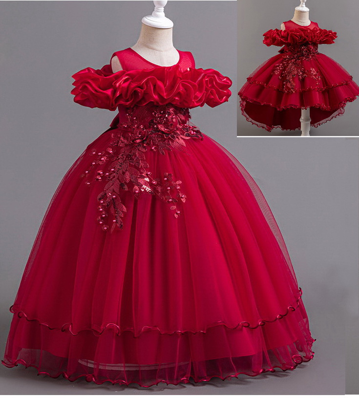 Gd4300- พร้อมส่งจากไทย ชุดออกงานเด็กหญิงสีแดง แขนสวยทรงสวยสุดน่ารัก ชุดราตรีเด็กทรงสั้น และทรงหน้าสั้น-หลังยาว