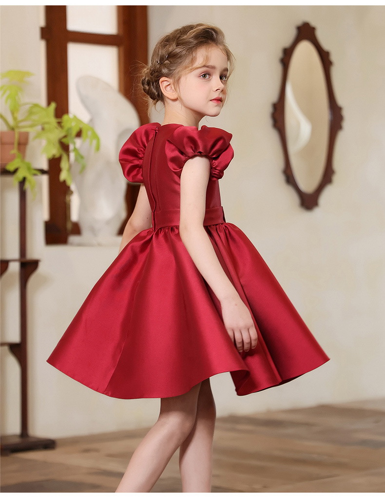 Gd4505- พร้อมส่งจากไทย ชุดออกงานเด็กหญิงสีแดง แขนตุ๊กตาสวย ผ้าสวยดุจไหม ทรงสวยมีสไตล์ ชุดราตรีเด็กทรงสั้น