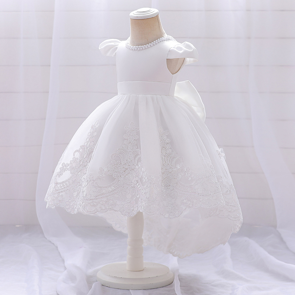 Gd3966- พร้อมส่งจากไทย ชุดออกงานเด็กหญิงสีขาว ลูกไม้สวยหรู เด็กเล็ก-เด็กโต ชุดราตรีเด็กทรงหน้าสั้น-หลังยาวแบบเดรสหางปลา ชุดออกงานการแสดง