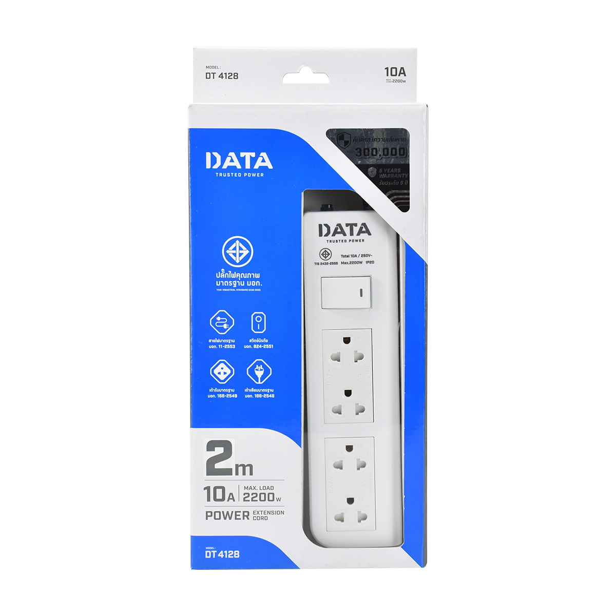 DATA ปลั๊ก มอก. 4ช่อง 1สวิตซ์ เต้าคู่ สาย 2เมตร VCT 3x0.75 รุ่นDT4128 2M