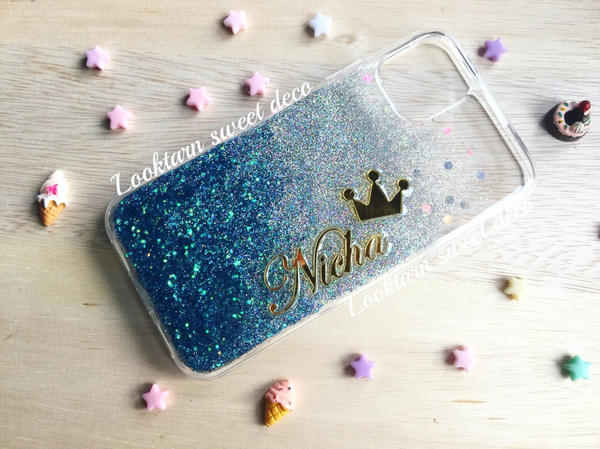 เคสกากเพชรสีฟ้าเข้ม เงิน ใส อักษรสีกระจกทอง