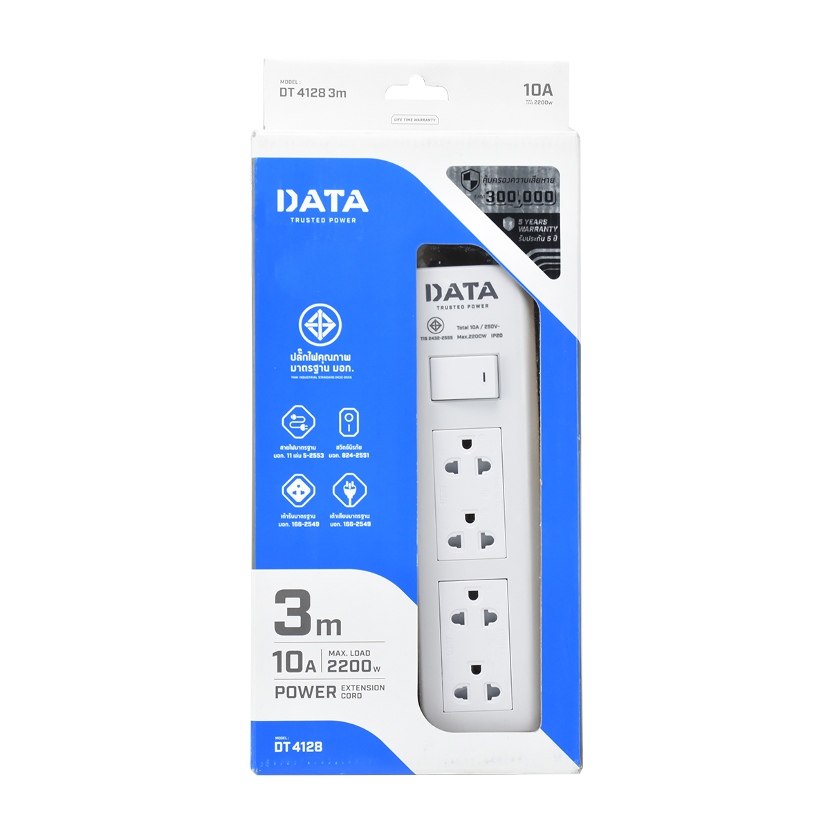 DATA ปลั๊ก มอก. 4ช่อง 1สวิตซ์ เต้าคู่ สาย 3เมตร VCT 3x0.75 DT4128 3M