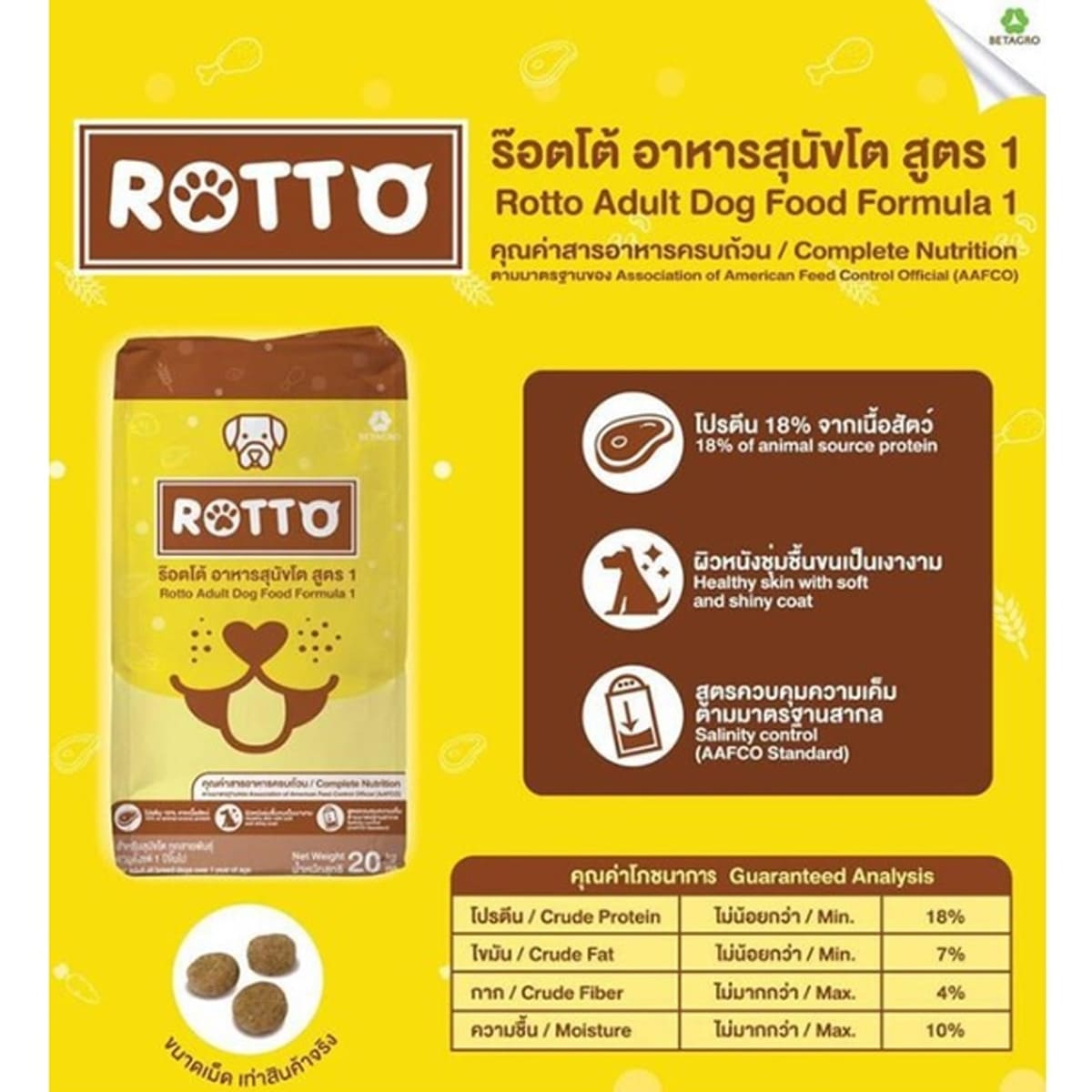 ROTTO DOG ร๊อตโต้ อาหารสุนัขโต ขนาด 20KG – โปรตีน 18%, ขนเงางาม