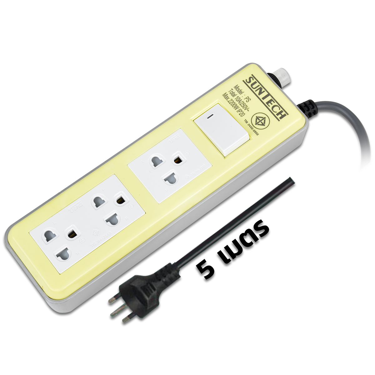 SUNTECH ชุดปลั๊กพ่วง 10A 3ช่อง 1สวิตช์ 5ม. สีเหลือง 0.75 Sq.mm. 2,200W [PS1S3R-Y-07505]