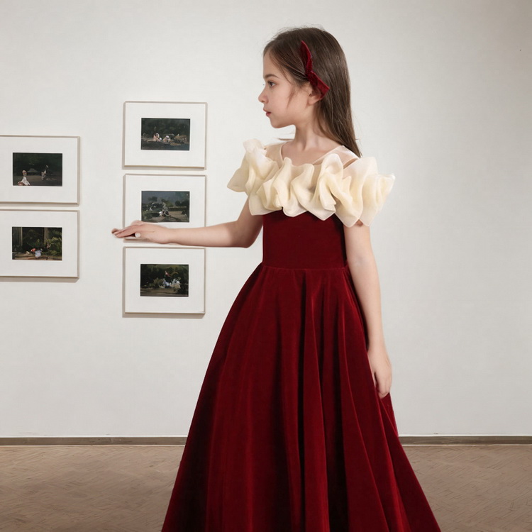 Gd4208- พร้อมส่งจากไทย ชุดราตรีเด็กสีแดงเข้ม ทูโทนสีแดง-ครีม ชุดออกงานเด็กหญิงทรงยาว ผ้ากำมะหยี่สวยสุดหรู ชุดการออกงานการแสดงเด็ก