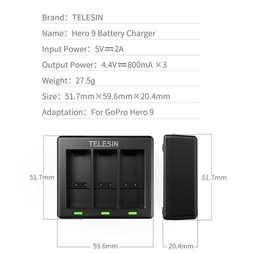 GoPro 11 / 10 / 9 Telesin Charger + Battery x 3 แท่นชาร์จ ที่ชาร์จ + แบตเตอร์รี่ x 3