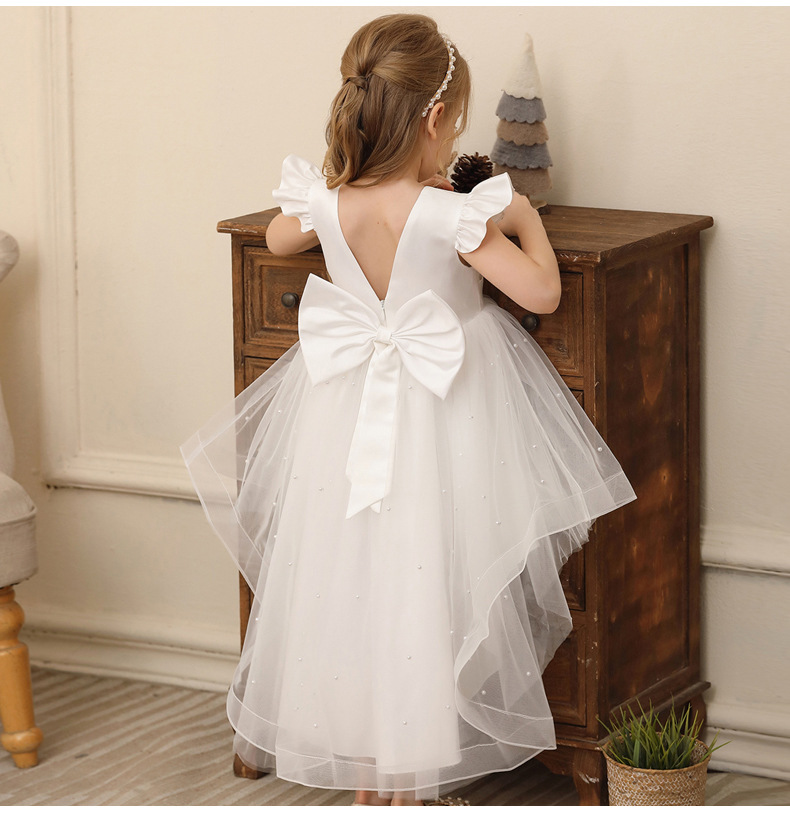 Gd4118- พร้อมส่งจากไทย ชุดราตรีเด็กสีขาว ชุดออกงานเด็กหญิงทรงยาว และทรงหน้าสั้น-หลังยาว ตกแต่งมุก ทรงสวยสุดหวาน สำหรับเด็กเล็ก-เด็กโต