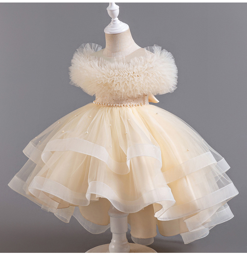 Gd4124- พร้อมส่งจากไทย ชุดออกงานเด็กหญิงสีครีม แขนสวยฟูฟ่อง ทรงสวย กระโปรงติดมุก สุดน่ารัก ชุดราตรีเด็กทรงหน้าสั้น-หลังยาว