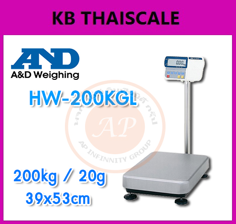 เครื่องชั่งน้ำหนัก200กิโลกรัม เครื่องชั่งวางพื้น200กิโล ความละเอียด20g ยี่ห้อ AND รุ่นHW-200GKL พิกัด 200kg/20g ขนาดแท่นชั่ง 39x53cm.
