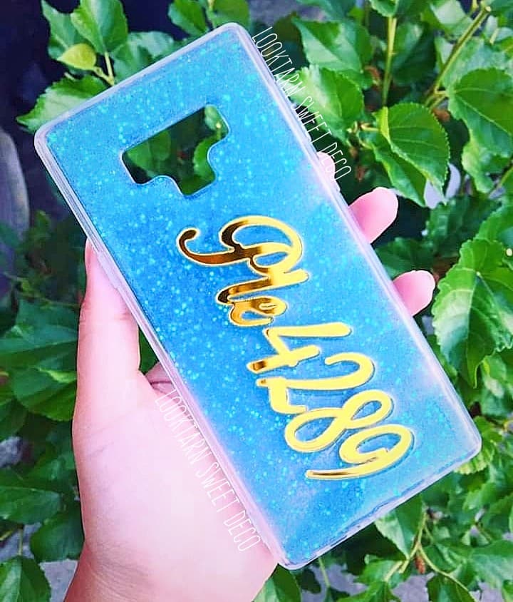 เคสกากเพชรสีฟ้า อักษรสีกระจกทอง