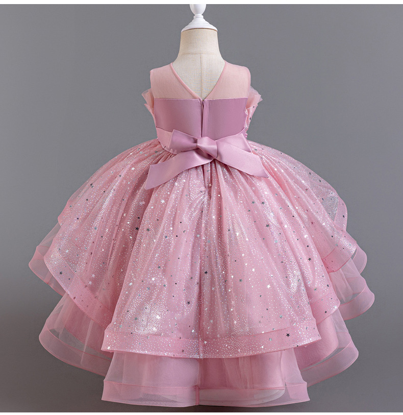 Gd4094- พร้อมส่งจากไทย ชุดออกงานเด็กหญิงสีชมพู และชมพูกลีบบัว สุดสวยหรูดูฟรุ้งฟริ้ง ไหล่ซีทรู ชุดราตรีเด็กทรงหน้าสั้น-หลังยาว แบบเดรสหางปลา