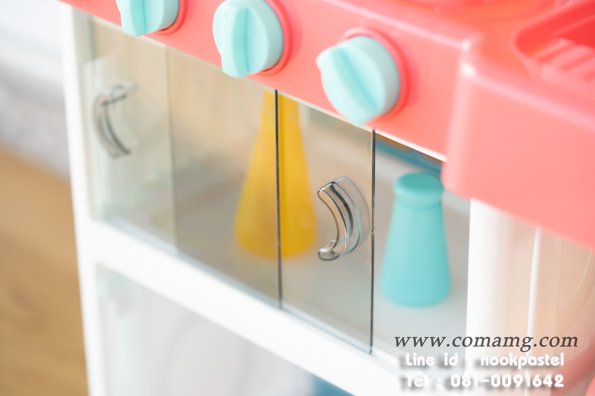 โต๊ะครัวสีชมพูพร้อมอุปกรณ์ 43 ชิ้น น้ำไหลได้จริง (เตาแก๊สมีไอน้ำ)