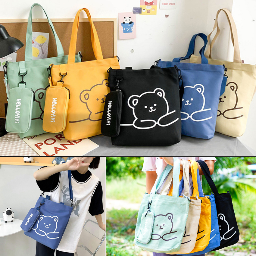 กระเป๋าผ้าลายหมี เนื้อผ้าแคนวาสมีซิป 1 เซ็ตได้2ใบ พร้อมส่งในไทยค่ะ