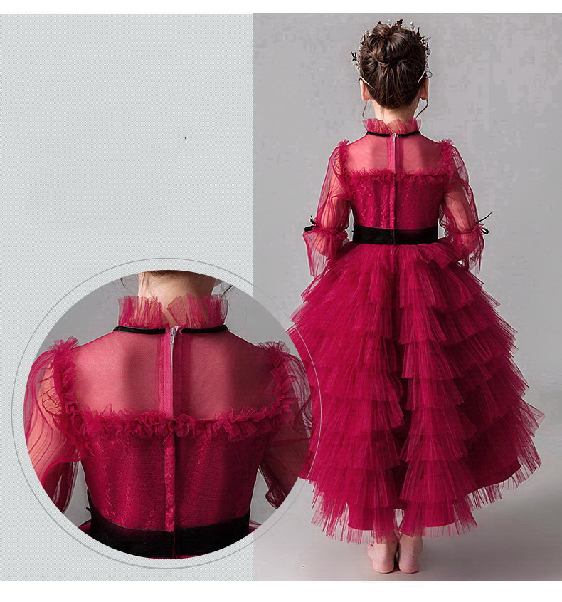 Gd3600- พร้อมส่ง ชุดราตรีเด็กสีแดงเข้ม ชุดออกงานเด็กหญิง แขนยาว ทรงหน้าสั่น-หลังยาวพองฟูสวยหรู แนววินเทจผู้ดีอังกฤษ