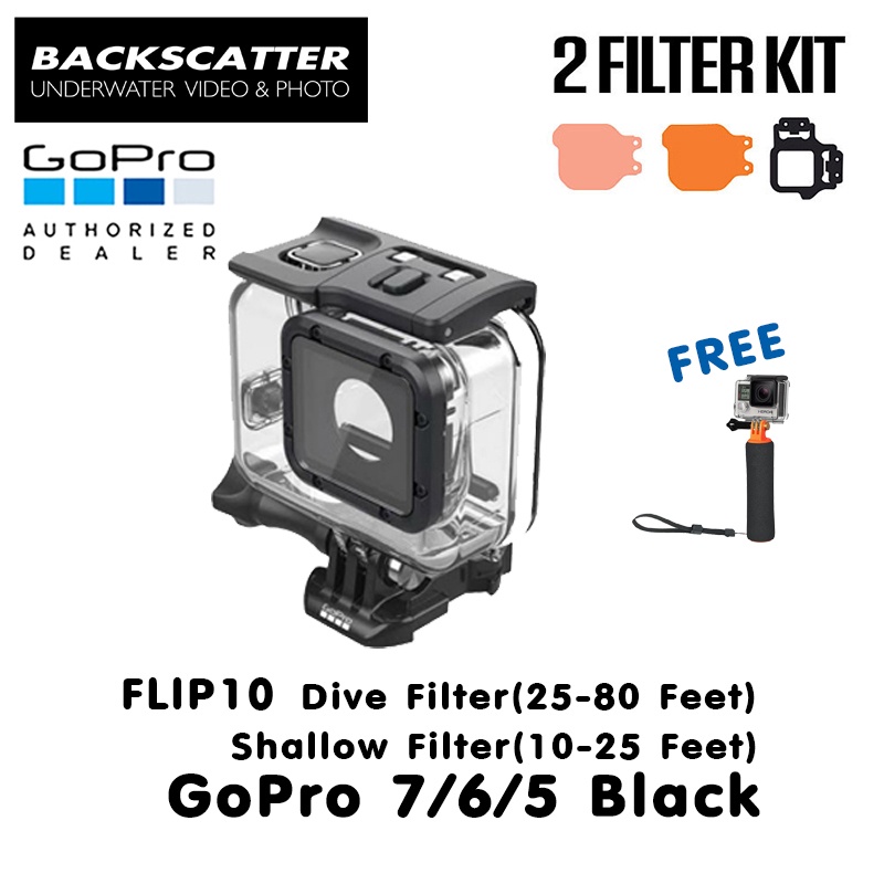 GoPro 7 / 6 / 5 Black Protective Housing + Backscatter Flip10 Shallow (10-25 feet) & Dive (25-80 feet) + Floating Hand