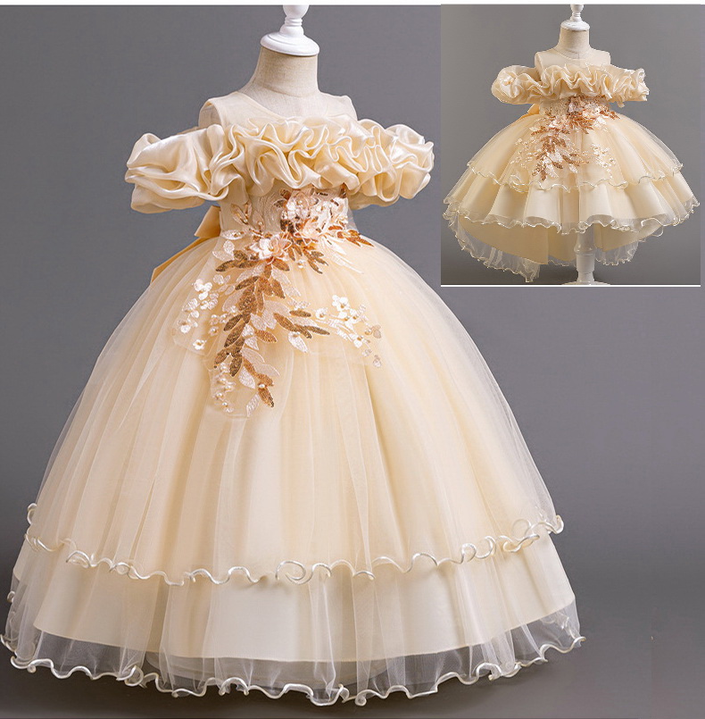 Gd4300- พร้อมส่งจากไทย ชุดออกงานเด็กหญิงสีครีม แขนสวยทรงสวยสุดน่ารัก ชุดราตรีเด็กทรงสั้น และทรงหน้าสั้น-หลังยาว