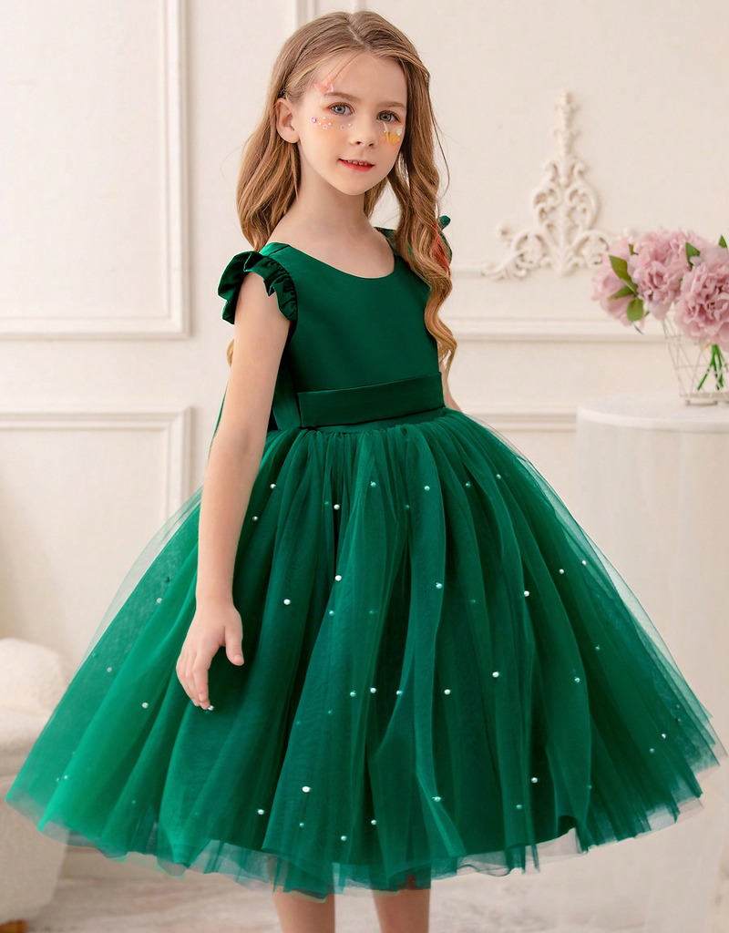 Gd4340- พร้อมส่งจากไทย ชุดออกงานเด็กหญิงสีเขียว แขนระบายสุดน่ารัก โบว์ใหญ่สวยๆ แยกจากชุดได้ ตกแต่งมุกที่กระโปรง ตัวเสื้อเงาดุจผ้าไหม ชุดราตรีเด็กทรงสั้น