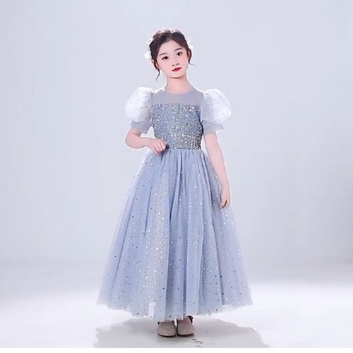 Gd4096- พร้อมส่งจากไทย ชุดราตรีเด็กสีเทา ชุดออกงานเด็กหญิงทรงยาว สุดสวยดูเรียบหรู มีแขนตุ๊กตา สำหรับเด็กเล็ก-เด็กโต