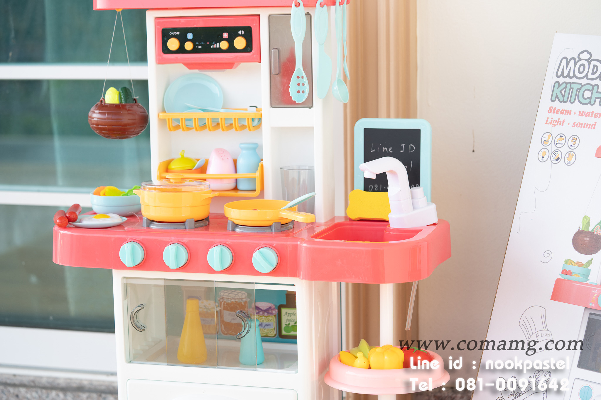 โต๊ะครัวสีชมพูพร้อมอุปกรณ์ 43 ชิ้น น้ำไหลได้จริง (เตาแก๊สมีไอน้ำ)