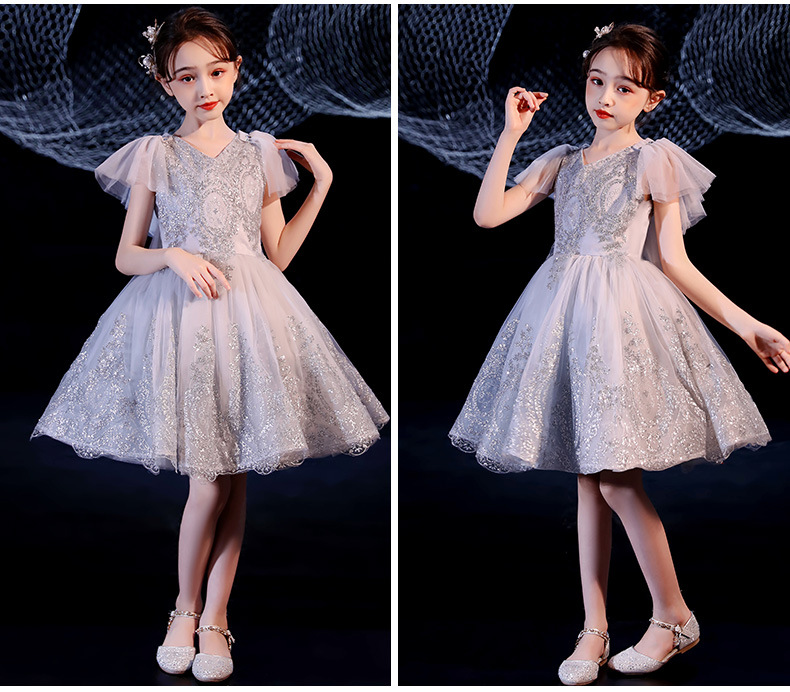 Gd3922- พร้อมส่งจากไทย ชุดออกงานเด็กหญิงสีเทาเงิน ตกแต่่งสวยหรู ระยิบระยับ ดูสวยโดดเด่น ชุดราตรีเด็กทรงสั้น