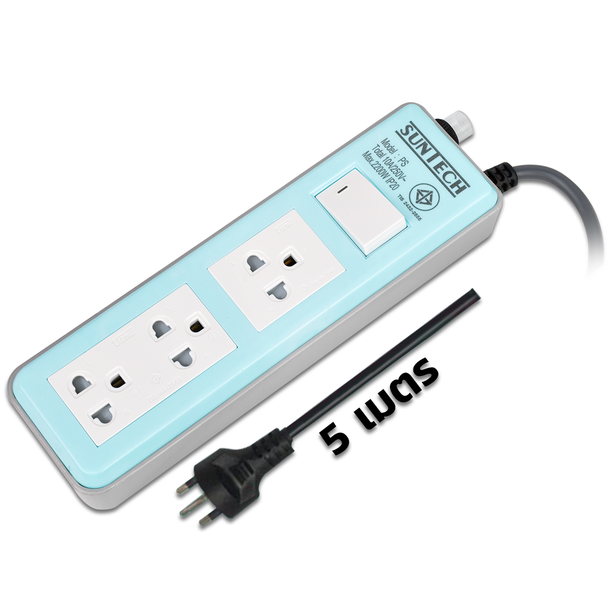 SUNTECH ชุดปลั๊กพ่วง 10A 3ช่อง 1สวิตช์ 5ม. สีฟ้า 0.75 Sq.mm. 2,200W [PS1S3R-B-07505]