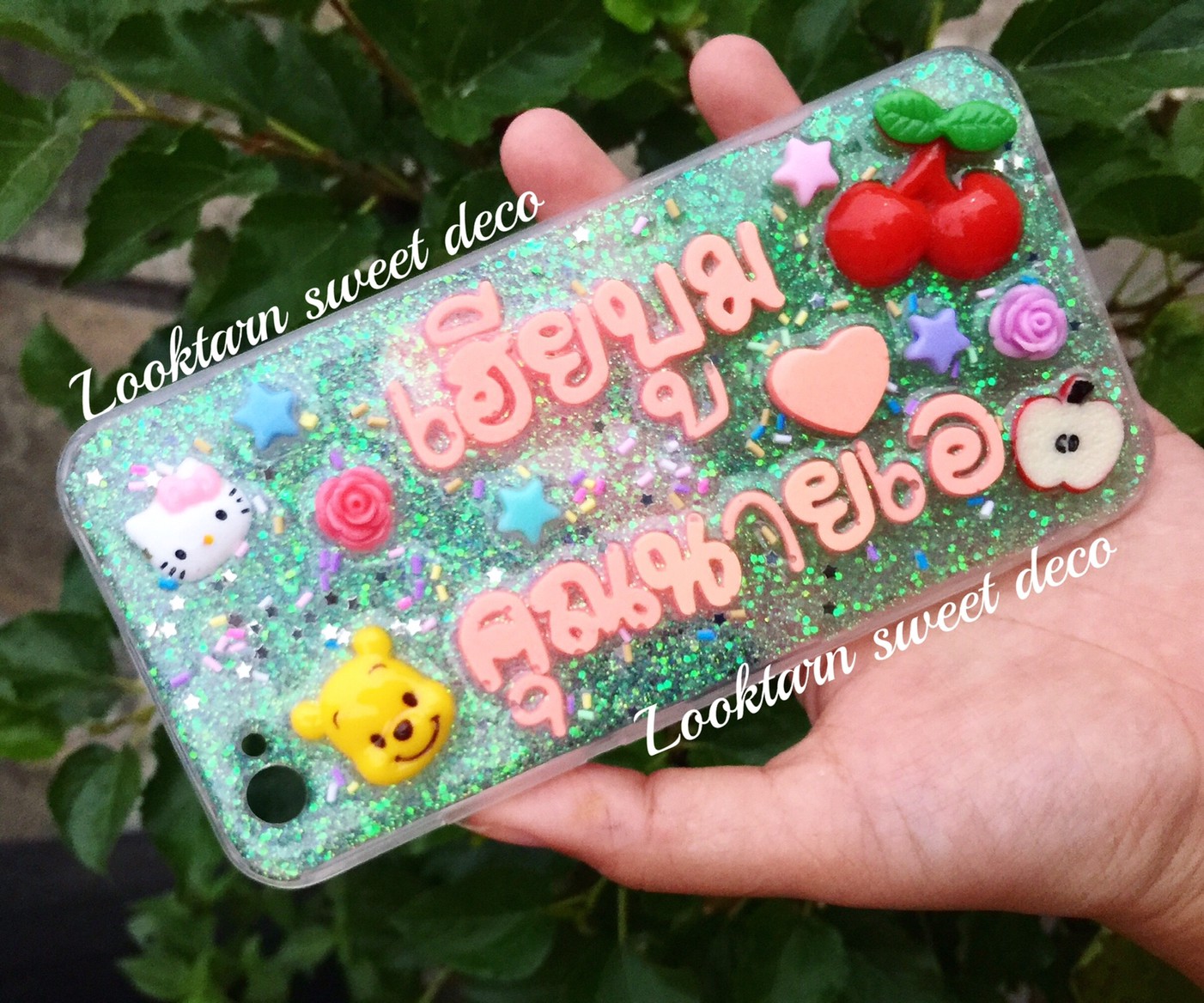 เคสกากเพชรขาว เขียว อักษรสีชมพูเรืองแสง