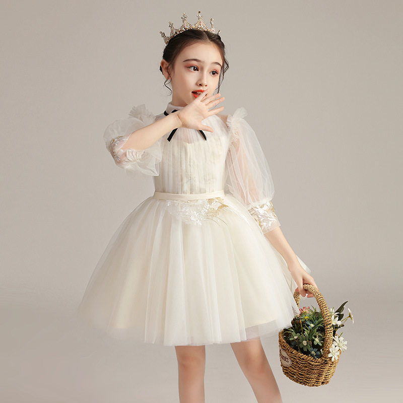 Gd4007- พร้อมส่งจากไทย ชุดราตรีเด็กสีขาว ชุดออกงานเด็กหญิง ทรงสั้น แขนยาว สวยเก๋มีสไตล์ดูดี