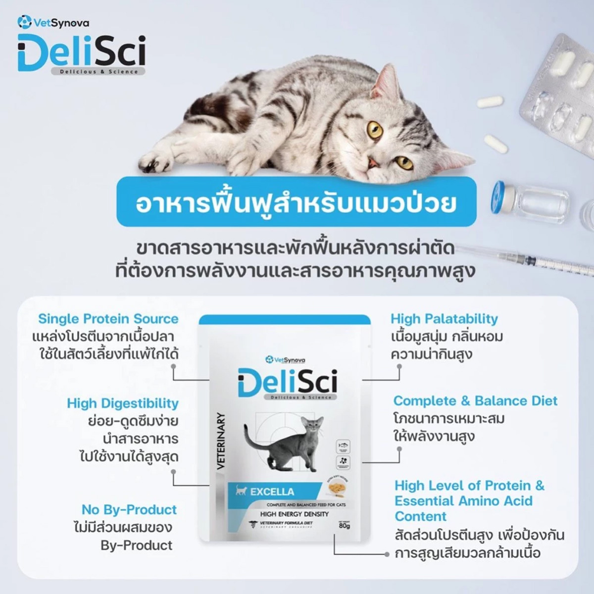 DeliSci : Excella อาหารฟื้นฟูสําหรับสัตว์ป่วย ขาดสารอาหาร และพักฟื้นหลังการผ่าตัด ที่ต้องการพลังงานสูง ขนาด 185g