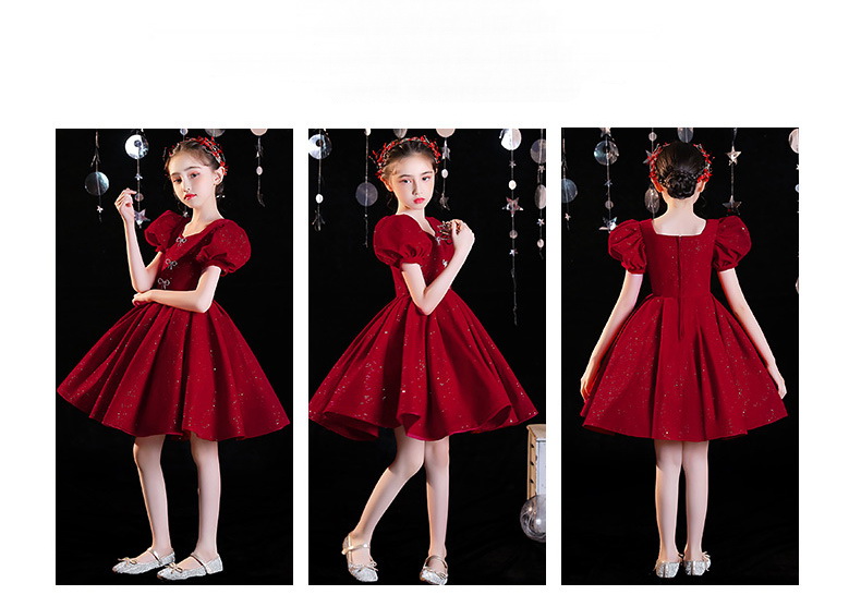 Gd3935- พร้อมส่งจากไทย ชุดออกงานเด็กหญิงสีแดง ผ้ากำมะหยี่สวยหรูนุ่มนวลผิว ตกแต่งสวยดูดีมีสไตล์ ชุดราตรีเด็กทรงสั้น แขนตุ๊กตา ชุดออกงานการแสดง