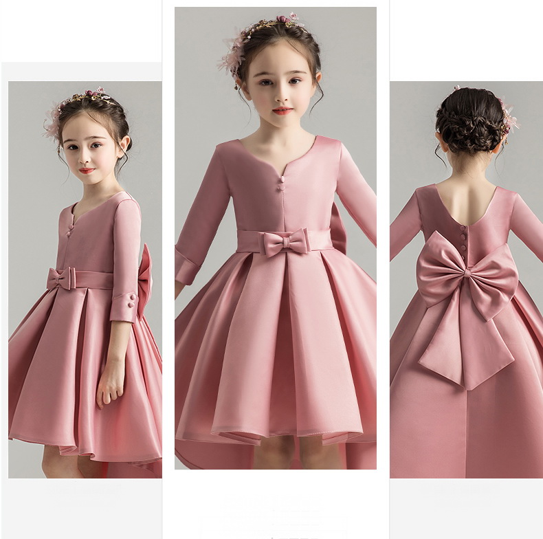 Gd35002-2 พร้อมส่ง ชุดออกงานเด็กหญิงสีแดงเข้ม ชุดราตรีเด็กทรงหน้าสั้น-หลังยาวแบบเดรสหางปลา โบว์ใหญ่แยกได้ แขนยาวสามส่วน