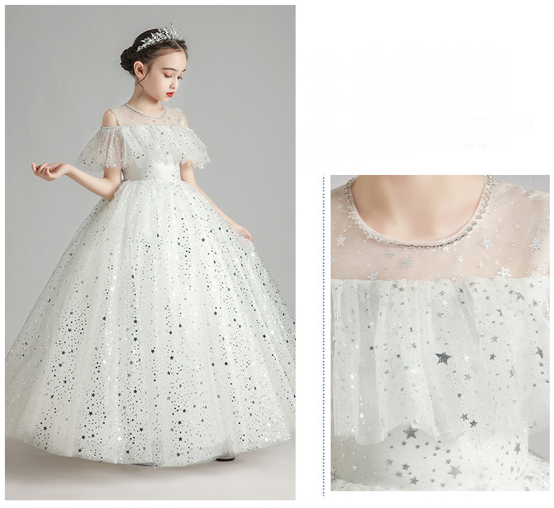 Gd3729- พร้อมส่งจากไทย ชุดราตรีเด็กสีขาว ตกแต่งดาวสีเงิน งานสวยหรูดูดี ชุดออกงานเด็กหญิง มีแขน