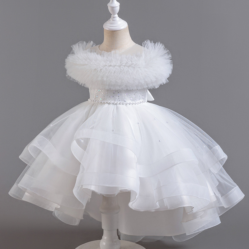 Gd4124- พร้อมส่งจากไทย ชุดออกงานเด็กหญิงสีขาว แขนสวยฟูฟ่อง ทรงสวย กระโปรงติดมุก สุดน่ารัก ชุดราตรีเด็กทรงหน้าสั้น-หลังยาว