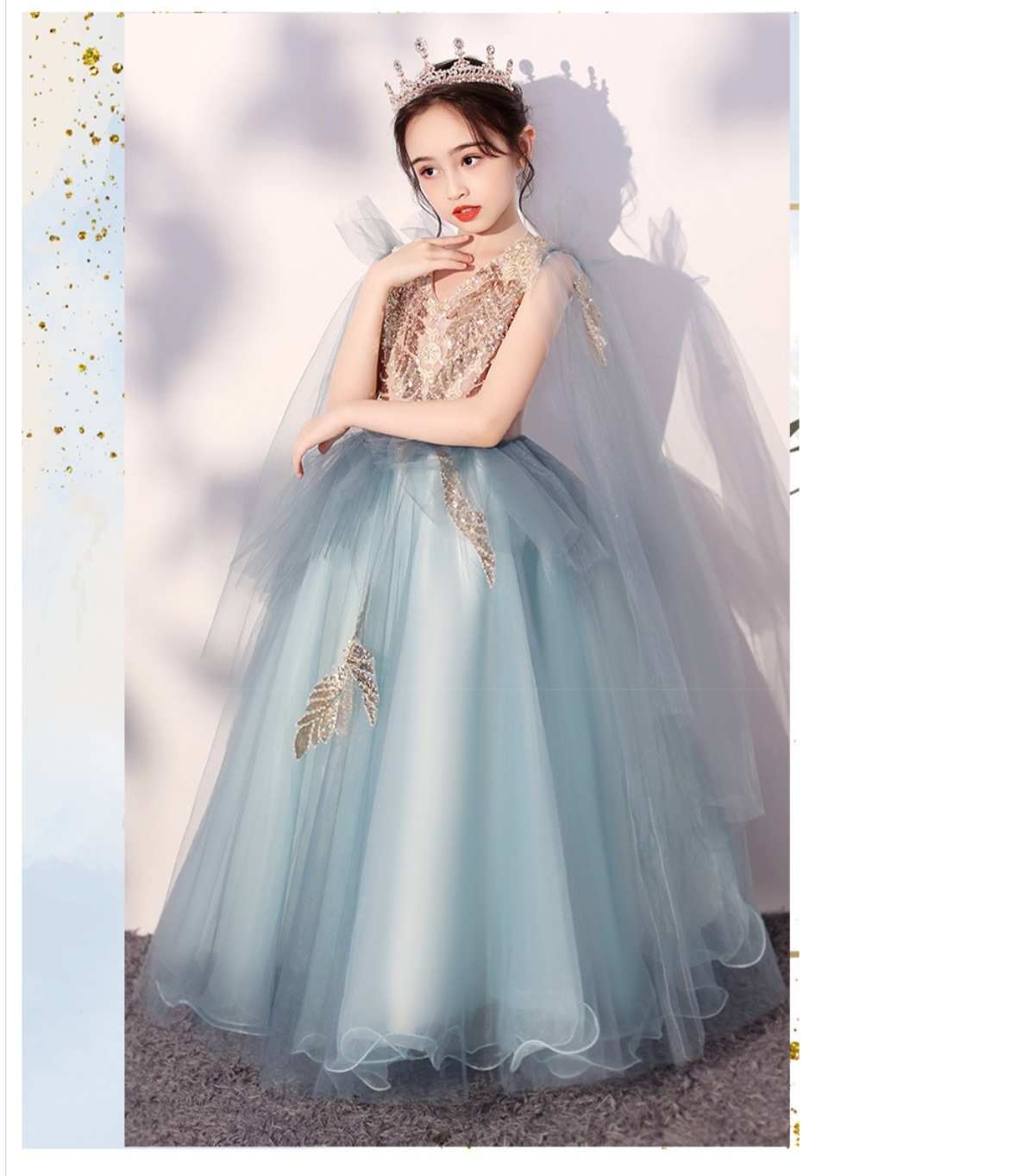 Gd3937- พร้อมส่งจากไทย ชุดออกงานเด็กหญิงสีฟ้า ประดับสีทอง สไตล์สวยสุดหรูดุจเจ้าหญิง ชุดราตรีเด็กทรงยาว แขนตุ๊กตา ชุดออกงานการแสดง