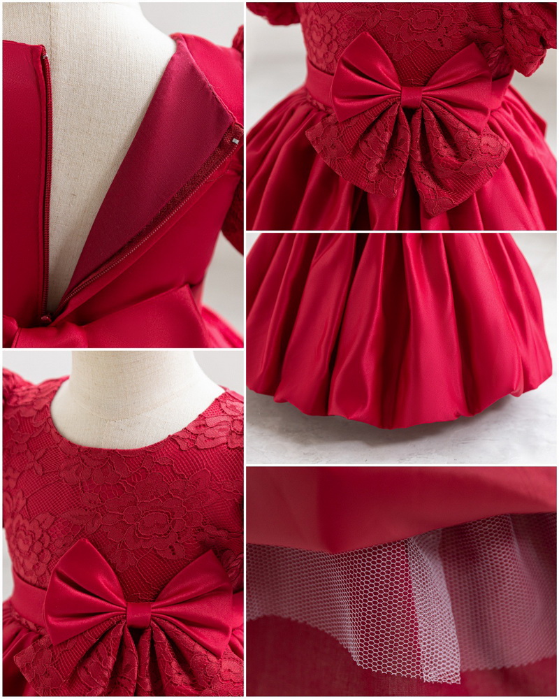 Gd4115- พร้อมส่งจากไทย ชุดออกงานเด็กหญิงสีแดง สีสวยเหมือนในแบบ เก็บชายเป็นพุ่มสวยเก๋ เนื้อผ้าสุดสวยหรูดุจไหม ชุดราตรีเด็กทรงสั้น มีแขนตุ๊กตา