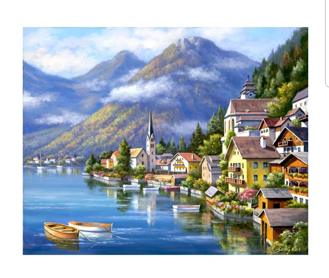 5D DIY Diamond Painting ไดมอนด์ครอสติส ลายวิวเมือง ริมน้ำ เรือ ขนาด 40x30ซม.แบบใส่ซอง
