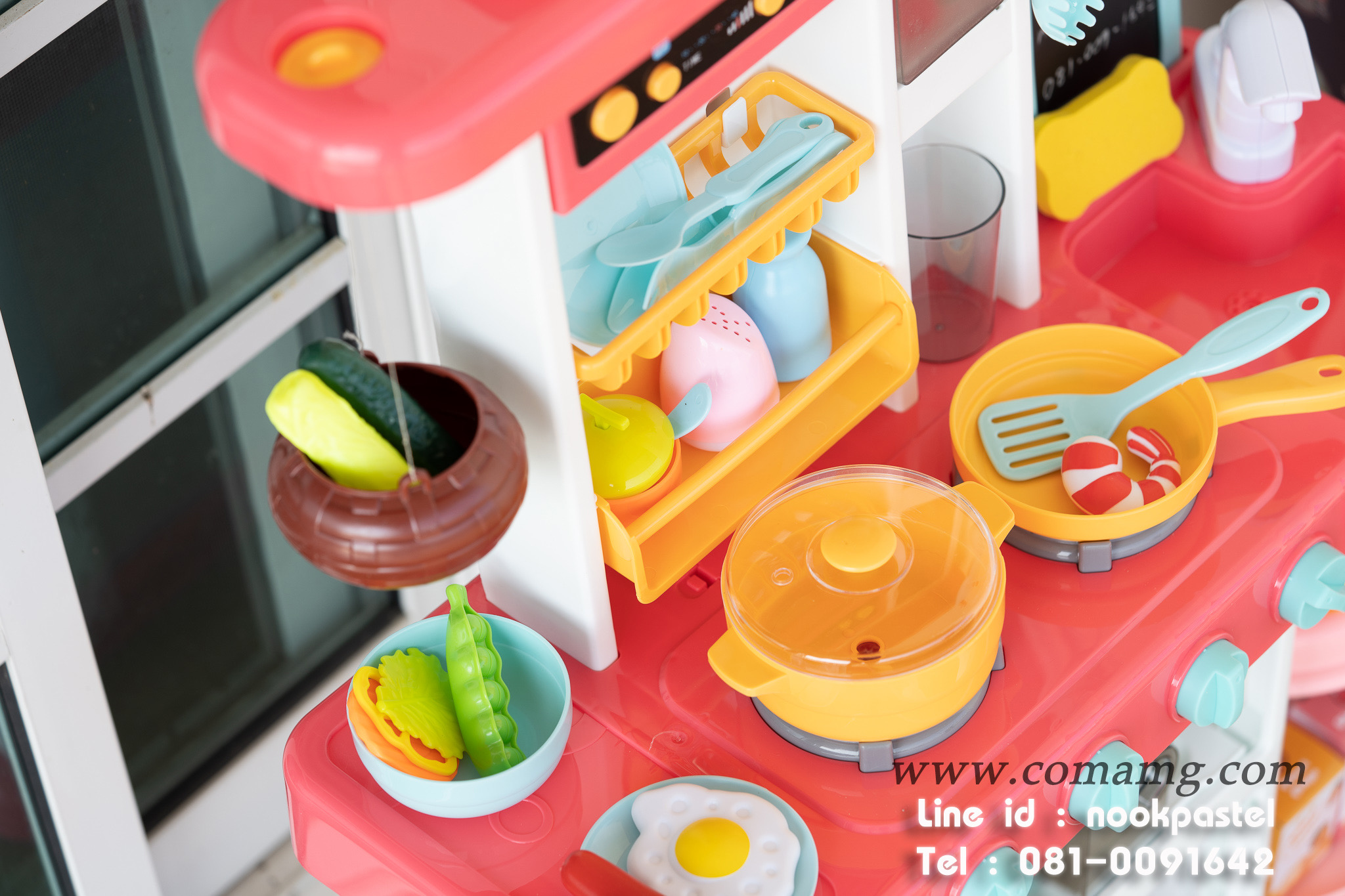 โต๊ะครัวสีชมพูพร้อมอุปกรณ์ 43 ชิ้น น้ำไหลได้จริง (เตาแก๊สมีไอน้ำ)