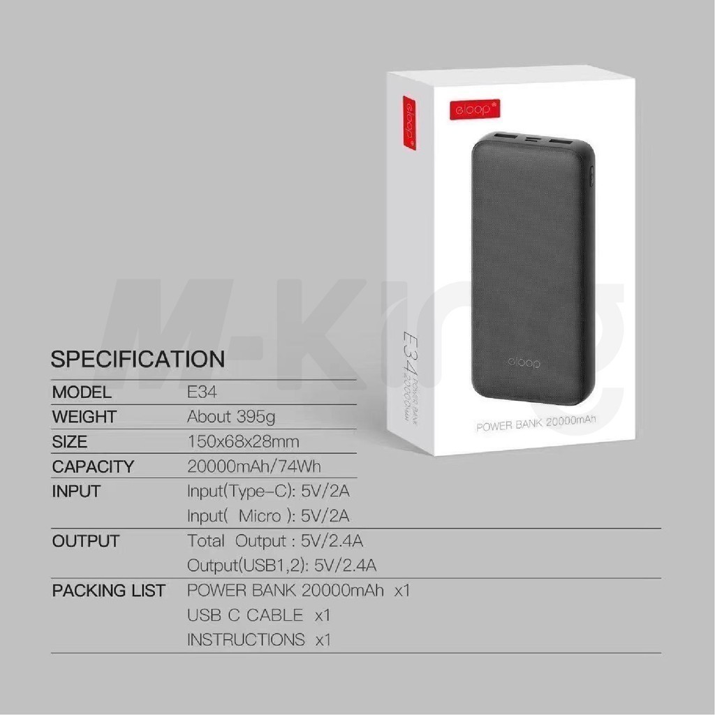 Orsen Eloop E34 สีขาว แบตสำรอง POWER BANK 20000mAh แบตเตอรี่สำรอง ชาร์จเร็ว