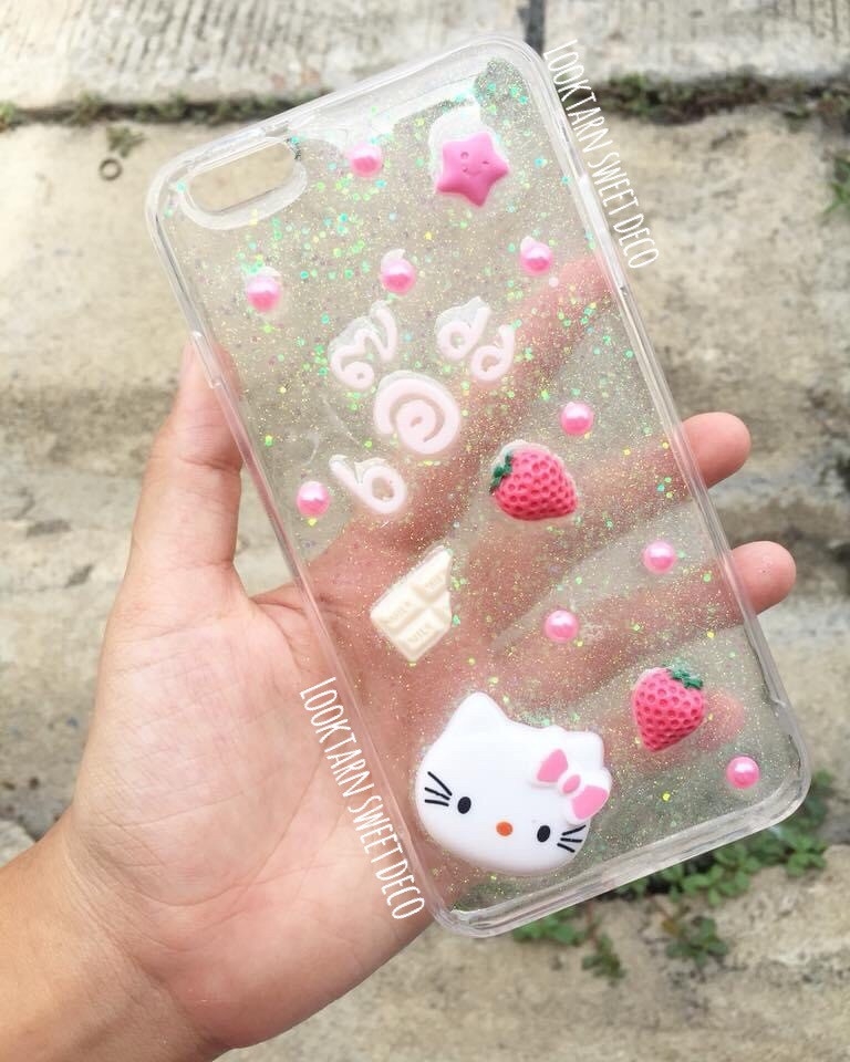 เคสกากเพชรขาว อักษรสีชมพูอ่อน