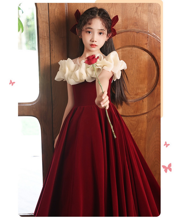 Gd4208- พร้อมส่งจากไทย ชุดราตรีเด็กสีแดงเข้ม ทูโทนสีแดง-ครีม ชุดออกงานเด็กหญิงทรงยาว ผ้ากำมะหยี่สวยสุดหรู ชุดการออกงานการแสดงเด็ก