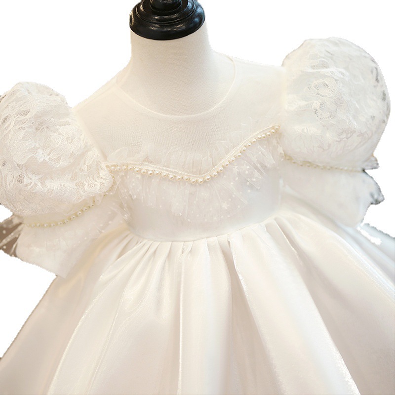 Gd4516- พร้อมส่งจากไทย ชุดออกงานเด็กหญิงสีขาว โบว์แยกจากชุดได้ แขนตุ๊กตาสวยหรูดูน่ารัก เนื้อผ้าสวย คอซีทรู ชุดราตรีเด็กทรงสั้น