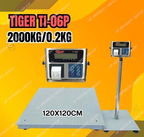 เครื่องชั่งดิจิตอลตั้งพื้นขนาดใหญ่ 2000Kg ตาชั่งดิจิตอล เครื่องชั่งน้ำหนัก 2000Kg เครื่องชั่งดิจิตอลพร้อมปริ้นเตอร์ในตัว 2000Kg อ่่านค่าความละเอียด 200g แท่นชั่งชั่งขนาด 120x120cm. ยี่ห้อ TIGER รุ่น TI-06P พร้อมปริ้นสติ๊กเกอร์ในตัว มีพอร์ต RS232C