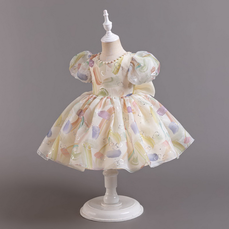 Gd4050- พร้อมส่งจากไทย ชุดราตรีเด็กสีครีม ชุดออกงานเด็กหญิงทรงสั้น ลายสวยหวาน แต่งโบว์และมุกสุดสวยหวาน มีแขนตุ๊กตา ลุคคุณหนูสุดน่ารัก สำหรับเด็กเล็ก-เด็กโต