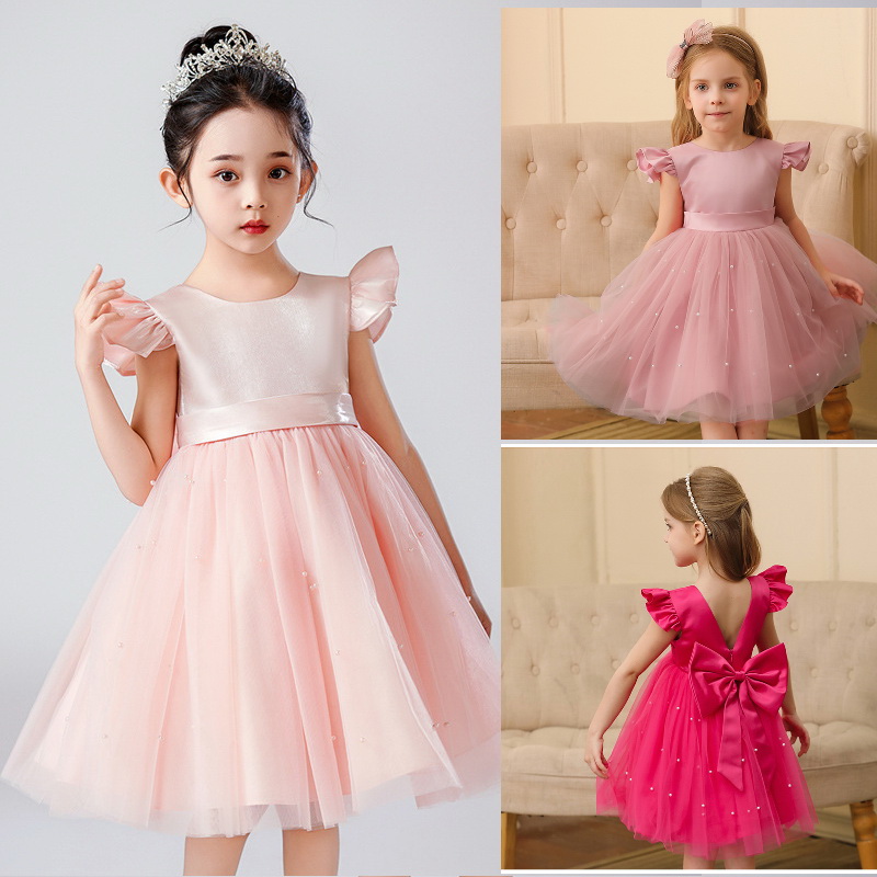 Gd4340- พร้อมส่งจากไทย ชุดออกงานเด็กหญิงสีชมพู แขนระบายสุดน่ารัก โบว์ใหญ่สวยๆ แยกจากชุดได้ ตกแต่งมุกที่กระโปรง ตัวเสื้อเงาดุจผ้าไหม ชุดราตรีเด็กทรงสั้น