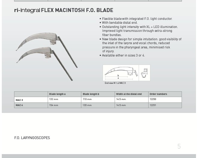 แผ่นส่องตรวจหลอดลม RI-INTEGRAL FLEX Macintosh F.O Blade NO.3,4