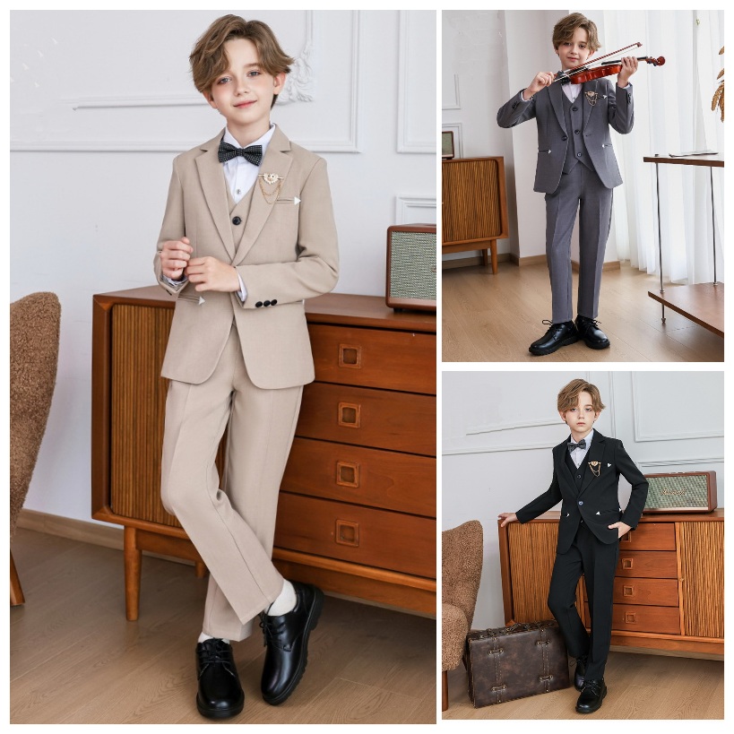 Bset0161- ชุดสูทเด็กชาย 5ชิ้น เนื้อผ้าสวยหรู ทรงสวยดูดี มีสไตล์ มีเสื้อสูท+เสื้อกั๊ก+กางเกง+โบว์+เข็มกลัด ขนาดชุด +ดูเพิ่ม ในรายละเอียด สำหรับออกงาน หรือการแสดง